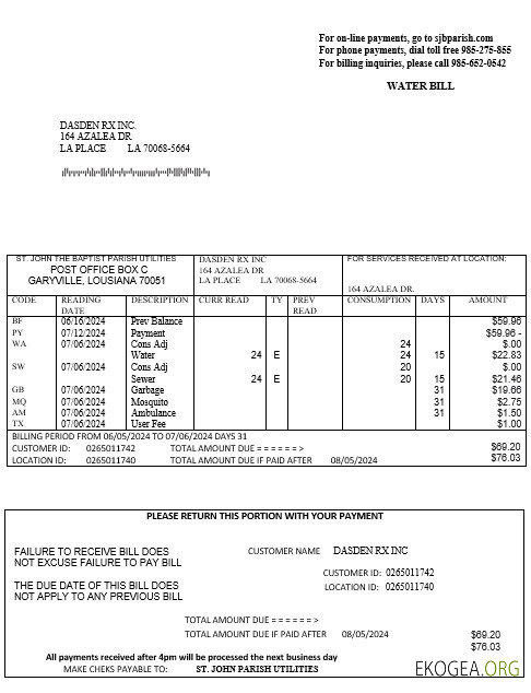 États Unis, Louisiane, St. John the Baptist Parish, facture de service public de l'eau aux formats Word et PDF